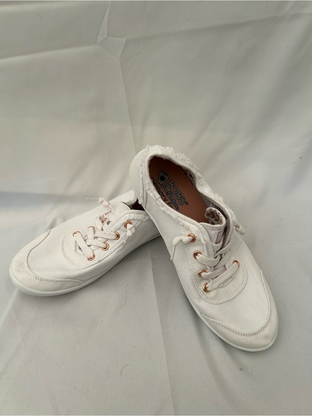 Skechers by Bob’s White Canvas Lace-Up Low Sneakers with Rose Gold Eyelets